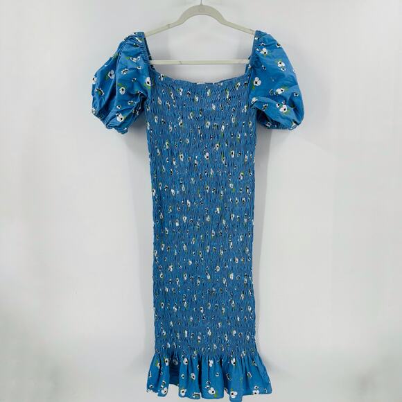 Never Fully Dressed Blue Smocked Puff Sleeve Midi Dress Floral Ruffle Hem 12 - Picture 10 of 10